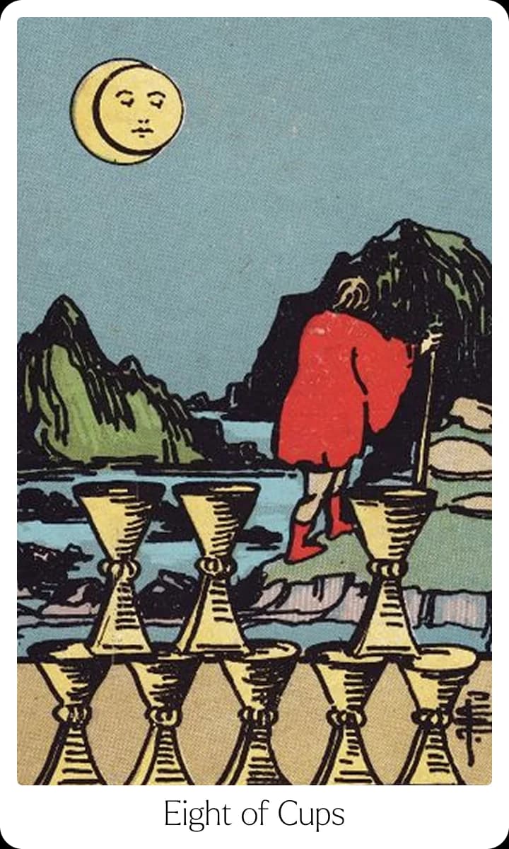 Eight of Cups tarot card — Original 1909 Rider-Waite-Smith illustration