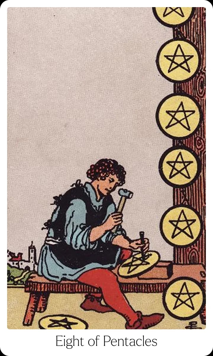 Eight of Pentacles tarot card — Original 1909 Rider-Waite-Smith illustration