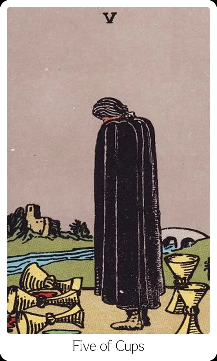 Five of Cups tarot card — Original 1909 Rider-Waite-Smith illustration