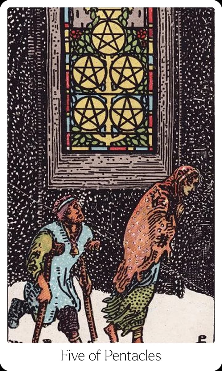 Five of Pentacles tarot card — Original 1909 Rider-Waite-Smith illustration