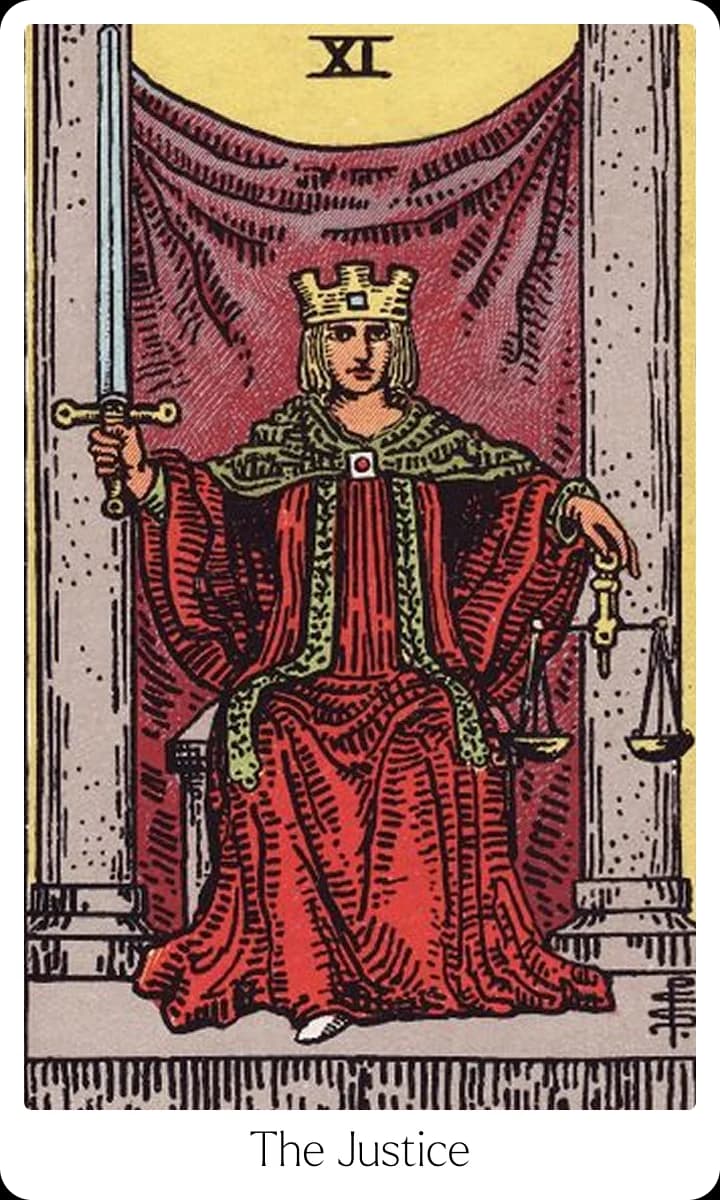 Justice tarot card — Original 1909 Rider-Waite-Smith illustration