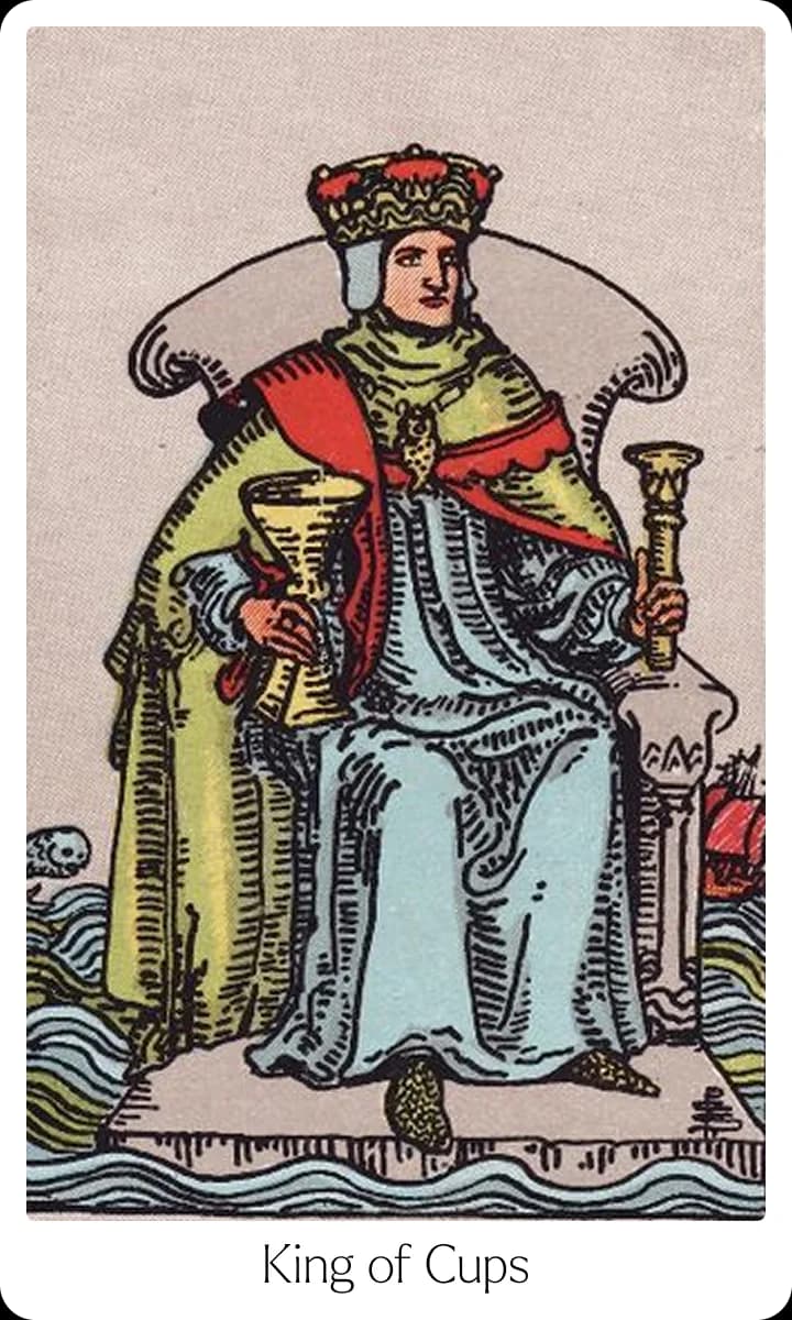 King of Cups tarot card — Original 1909 Rider-Waite-Smith illustration