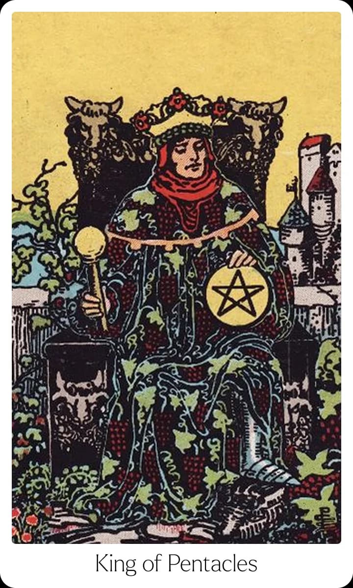 King of Pentacles tarot card — Original 1909 Rider-Waite-Smith illustration
