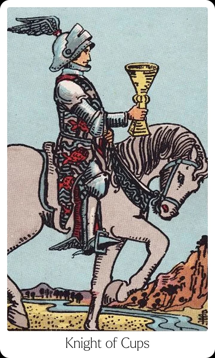 Knight of Cups tarot card — Original 1909 Rider-Waite-Smith illustration