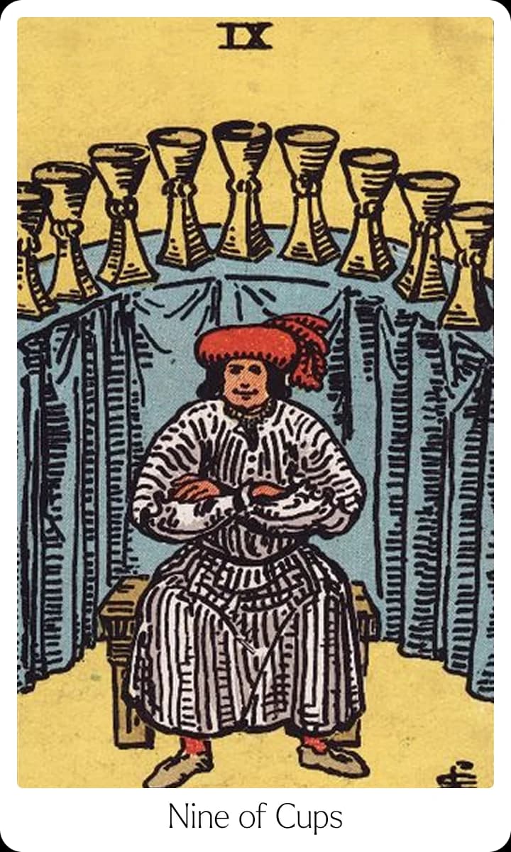 Nine of Cups tarot card — Original 1909 Rider-Waite-Smith illustration