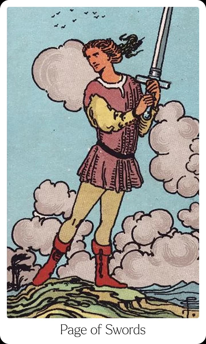 Page of Swords tarot card — Original 1909 Rider-Waite-Smith illustration