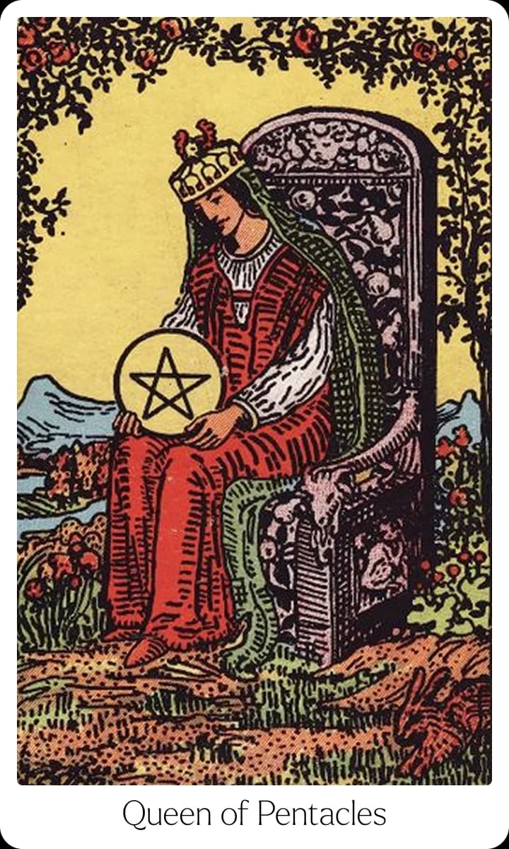 Queen of Pentacles tarot card — Original 1909 Rider-Waite-Smith illustration
