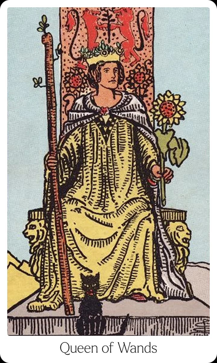 Queen of Wands tarot card — Original 1909 Rider-Waite-Smith illustration