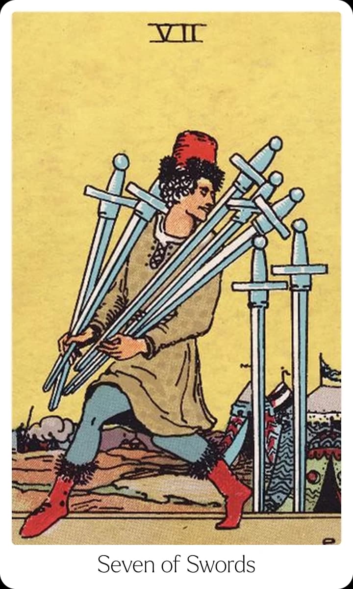 Seven of Swords tarot card — Original 1909 Rider-Waite-Smith illustration