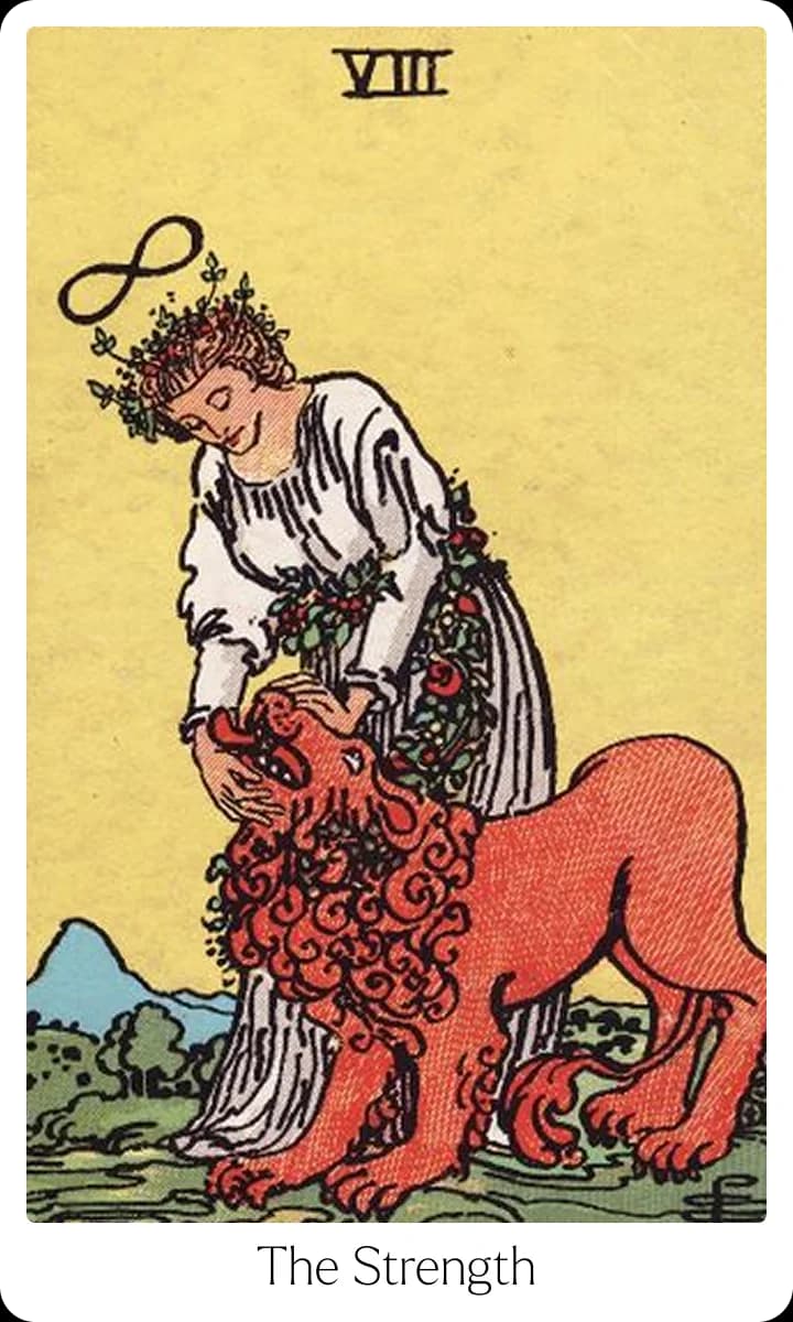 Strength tarot card — Original 1909 Rider-Waite-Smith illustration