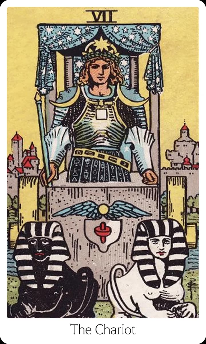 The Chariot tarot card — Original 1909 Rider-Waite-Smith illustration