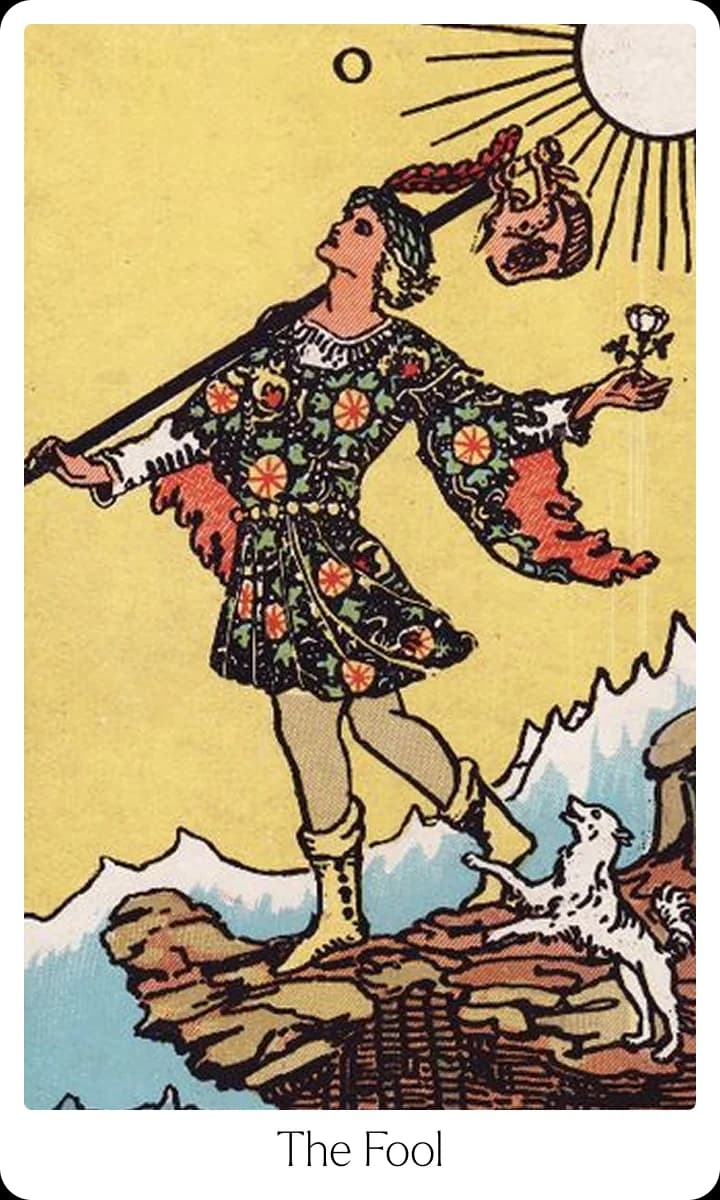 The Fool tarot card — Original 1909 Rider-Waite-Smith illustration
