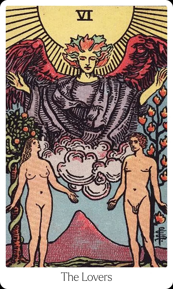 The Lovers tarot card — Original 1909 Rider-Waite-Smith illustration