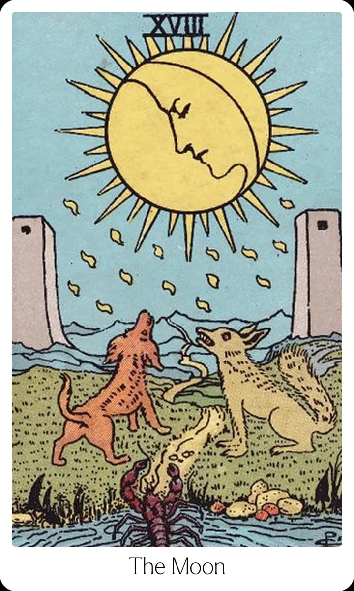 The Moon tarot card — Original 1909 Rider-Waite-Smith illustration