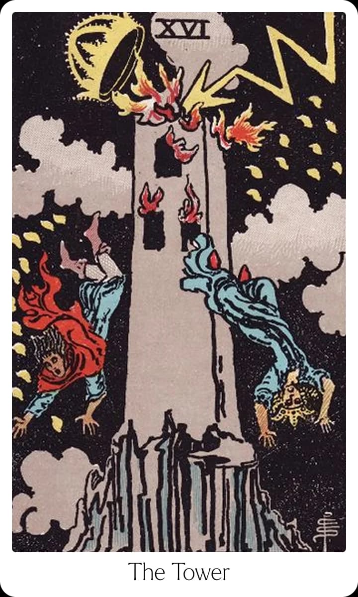 The Tower tarot card — Original 1909 Rider-Waite-Smith illustration