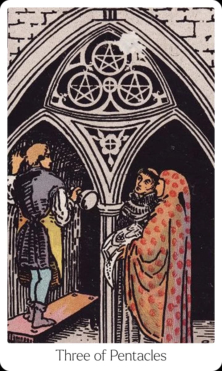 Three of Pentacles tarot card — Original 1909 Rider-Waite-Smith illustration