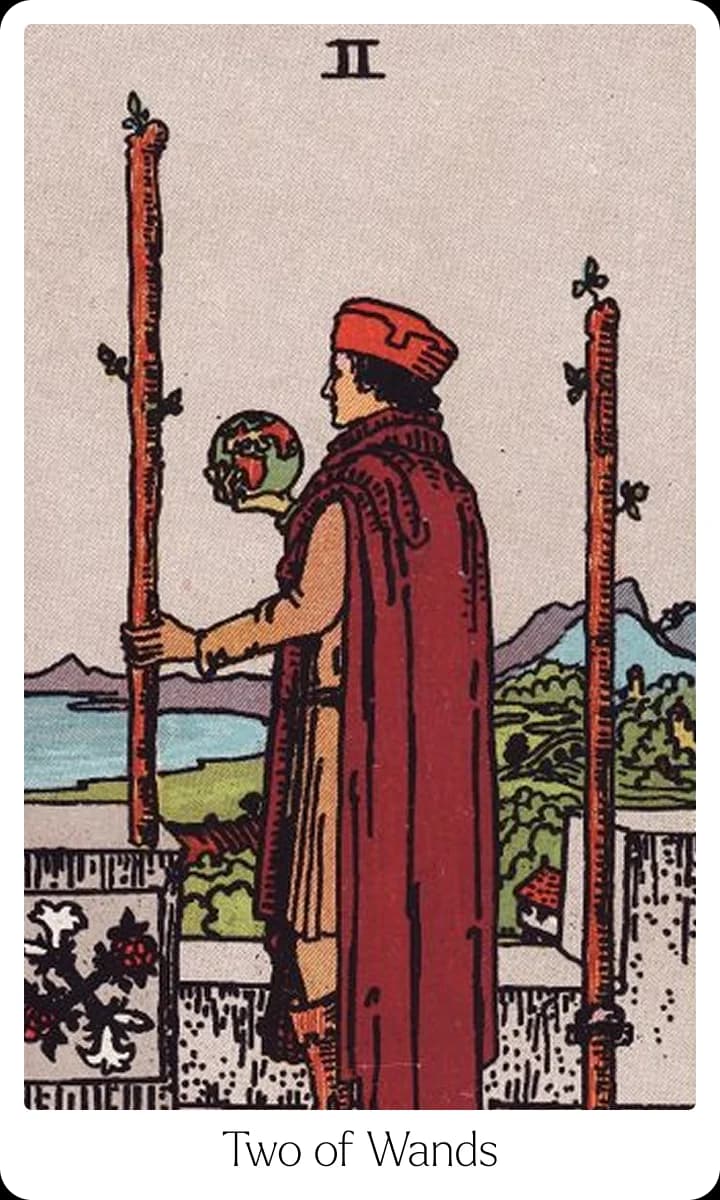Two of Wands tarot card — Original 1909 Rider-Waite-Smith illustration