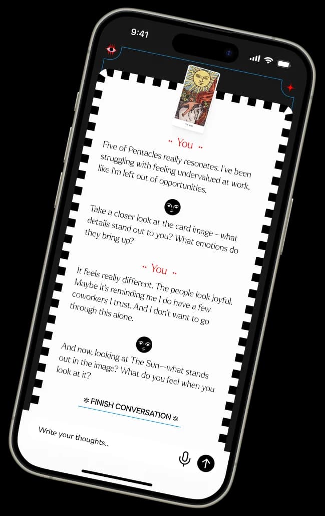 Flickerdeck app showing a guided tarot reading conversation with card reflection prompts