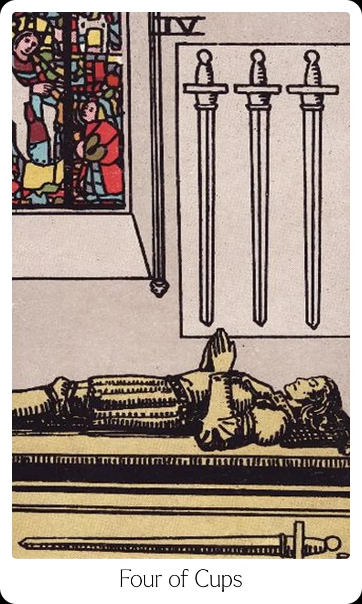 Four of Swords tarot card — Original 1909 Rider-Waite-Smith illustration