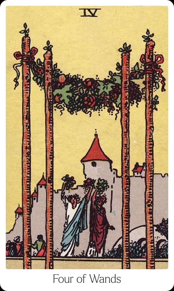 Four of Wands tarot card — Original 1909 Rider-Waite-Smith illustration