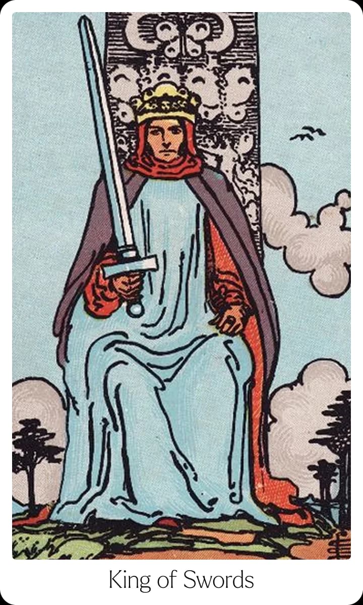 King of Swords tarot card — Original 1909 Rider-Waite-Smith illustration