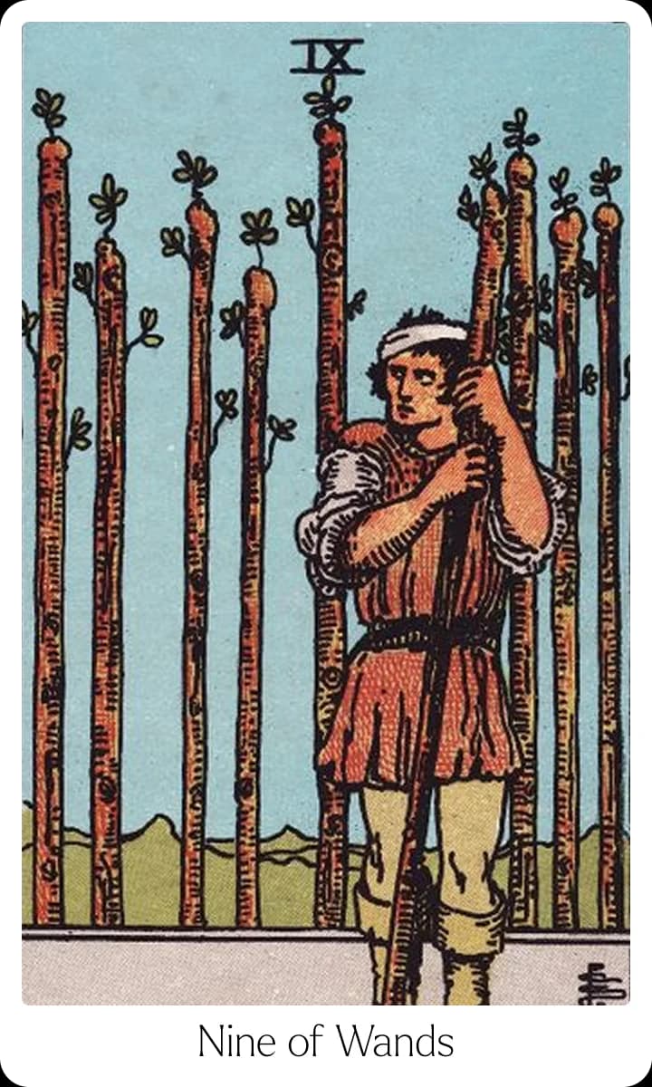 Nine of Wands tarot card — Original 1909 Rider-Waite-Smith illustration
