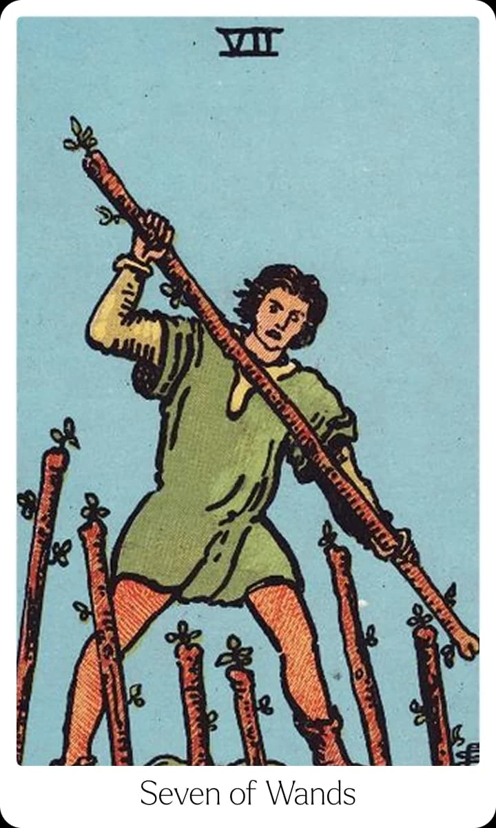 Seven of Wands tarot card — Original 1909 Rider-Waite-Smith illustration