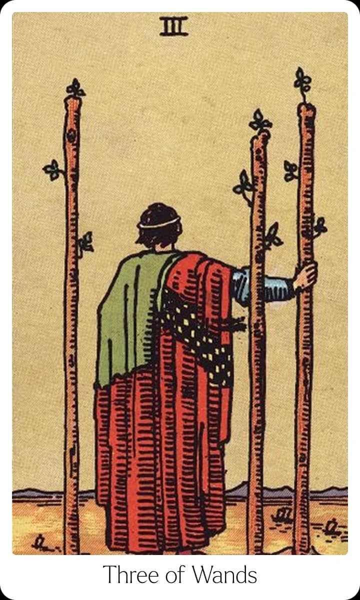Three of Wands tarot card — Original 1909 Rider-Waite-Smith illustration